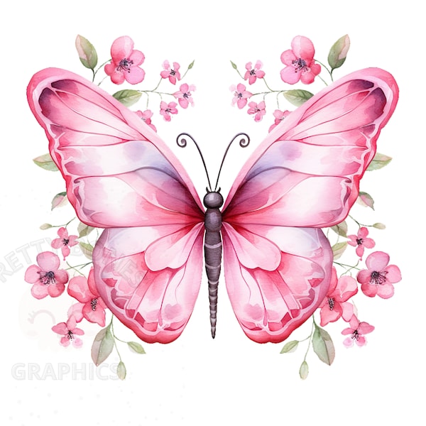 Watercolour Pink Butterfly Clipart, PNG Instant Download File, Card Making, Printable Art