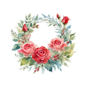 Watercolor Red Rose Wreath Clipart, PNG Instant Download Files, Digital Design For Crafting, Printable Art