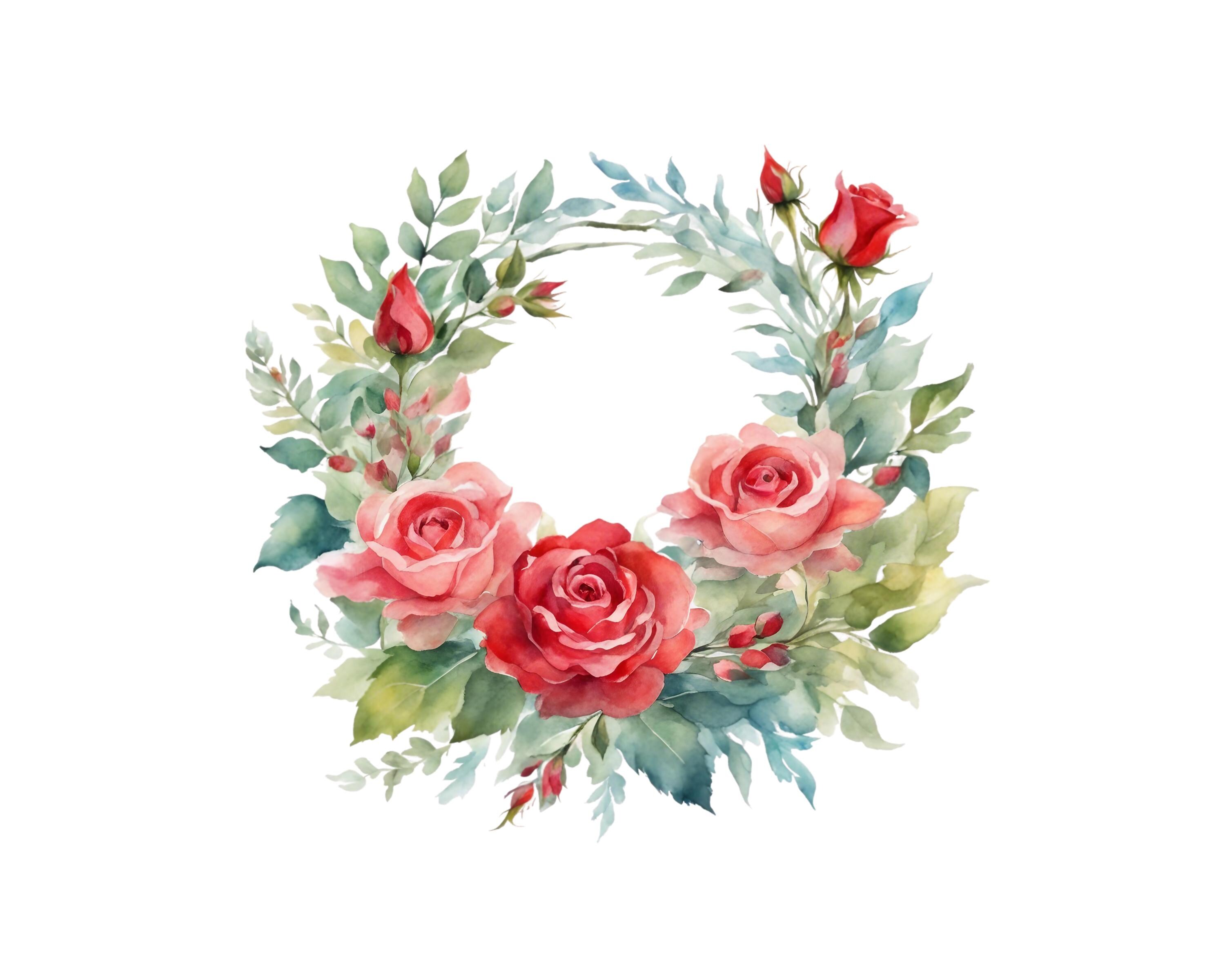 Watercolor Red Rose Wreath Clipart, PNG Instant Download Files, Digital ...