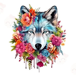 Wolf Sublimation, PNG Digital Download File, Floral Wolf Clipart, Card Making, Digital Paper Craft