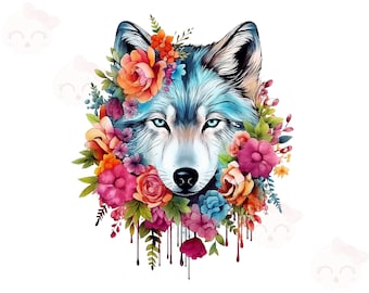 Sublimazione del lupo, File di download digitale PNG, Clipart del lupo floreale, Creazione di carte, Mestiere di carta digitale
