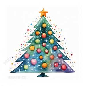 Clipart albero di Natale ad acquerello, file di download istantaneo JPG, creazione di carta digitale, arte stampabile