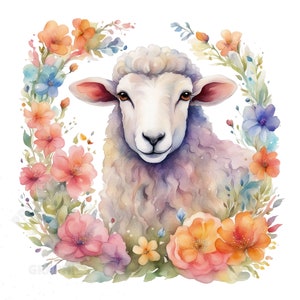 Clipart di pecore floreali, file di download istantaneo PNG, design digitale per l'artigianato, arte per uso commerciale