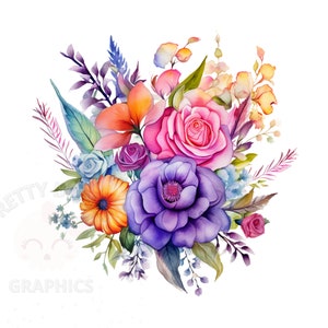 Watercolor Floral Bouquet Clipart, PNG Instant Download File, Vibrant Colors, Floral Digital Design For Crafting