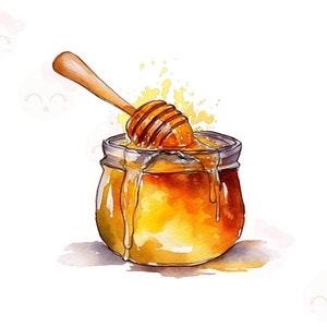 May include: A watercolour illustration of a glass jar filled with honey and a wooden honey dipper. The honey is dripping from the dipper and the jar is surrounded by yellow watercolour splatters.