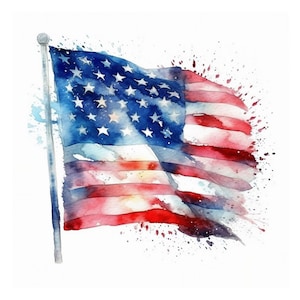 May include: A watercolor painting of an American flag waving in the wind. The flag is painted in shades of red, white, and blue, with a white background. The flag is surrounded by splatters of paint, creating a dynamic and artistic effect.