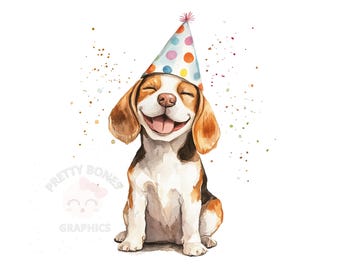 Beagle Hund mit Partyhut Clipart, PNG Sofort-Download-Datei, digitales Design zum Basteln, druckbare Kunst, Aquarell Clipart