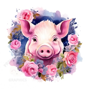 Clipart de cerdo floral, archivo de descarga instantánea PNG, diseño digital para elaboración, arte de uso comercial