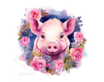 Floral Pig Clipart, PNG Instant Download File, Digital Design For Crafting, Commercial Use Art