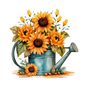 Arrosoir et tournesols Clipart, fichier de téléchargement instantané PNG, artisanat en papier numérique, fabrication de cartes, Art imprimable