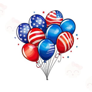 Amerikaanse patriottische ballonnen clipart, PNG digitale download, kaart maken, 4 juli clipart, afdrukbare kunst