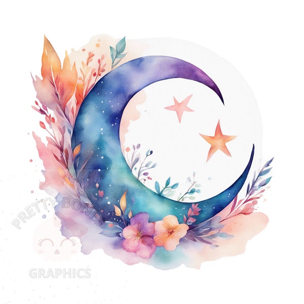 Crescent Moon Clipart, PNG Instant Download File, Card Making Clipart, Printable Art