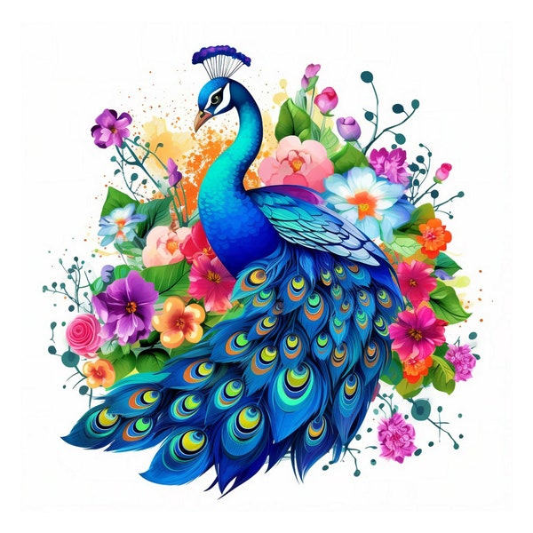 Peacock Clipart, JPG Instant Download File, Floral Peacock Digital Design, Card Making, Printable Art