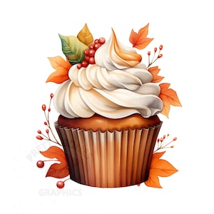 Acuarela otoño Cupcake Clipart, archivo de descarga instantánea PNG, arte de papel digital, arte imprimible