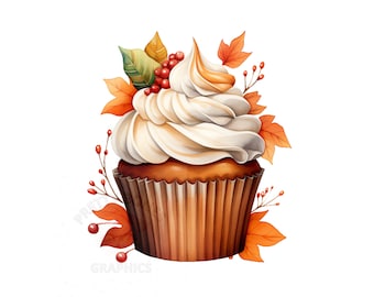 Watercolor Fall Cupcake Clipart, PNG Instant Download File, Digital Paper Craft, Printable Art