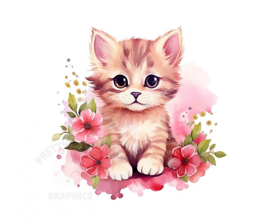 ピンクの花柄子猫のクリップアート、PNG インスタントダウンロード