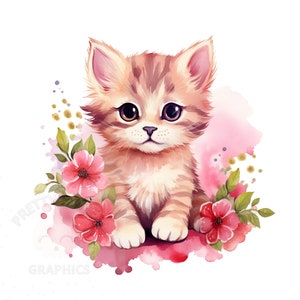 Pink Floral Kitten Clipart, PNG Instant Download File, Digital Design For Crafting, Commercial Use Art
