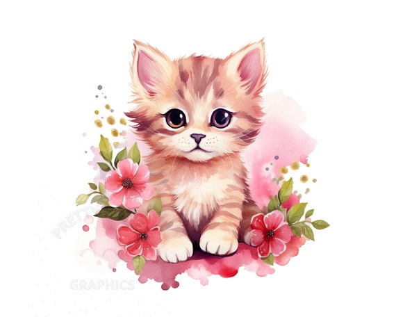 ピンクの花柄子猫のクリップアート、PNG インスタントダウンロード