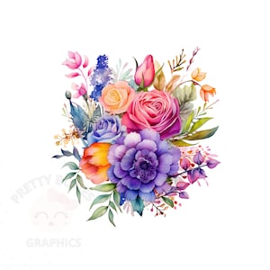 May include: A watercolour painting of a bouquet of flowers in shades of pink, purple, orange, and yellow. The flowers are arranged in a loose, natural style and include roses, anemones, and other blooms.