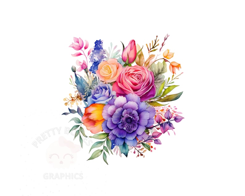 May include: A watercolour painting of a bouquet of flowers in shades of pink, purple, orange, and yellow. The flowers are arranged in a loose, natural style and include roses, anemones, and other blooms.