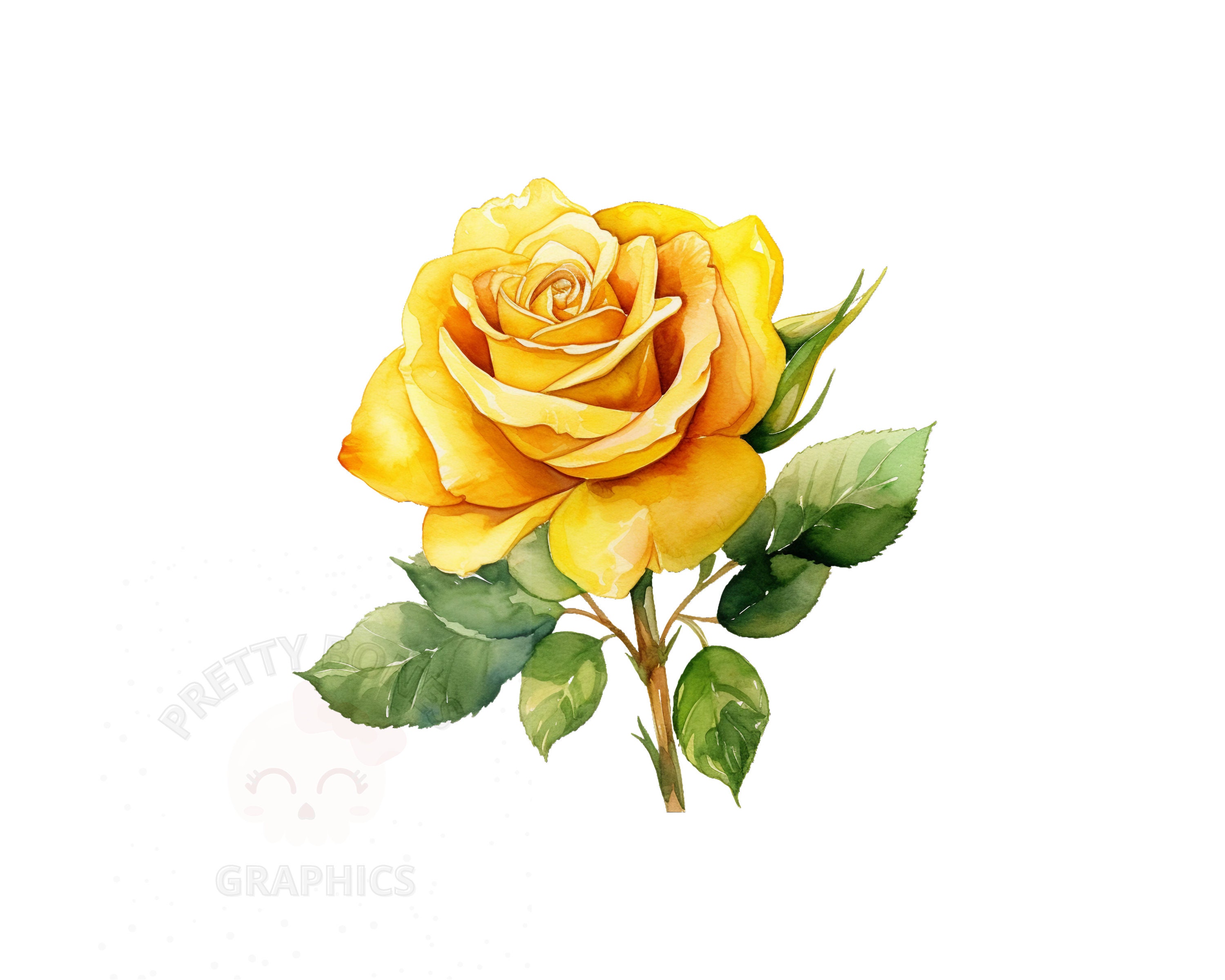 Watercolor Yellow Rose Clipart, PNG Instant Download File, Digital
