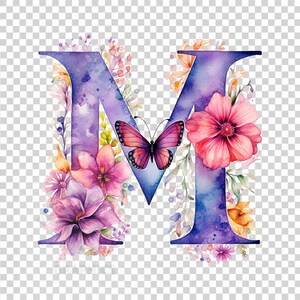 Pu&ograve; includere: Illustrazione ad acquerello della lettera M decorata con fiori viola, rosa e gialli e una farfalla. La lettera &egrave; dipinta in tonalit&agrave; di viola e blu.