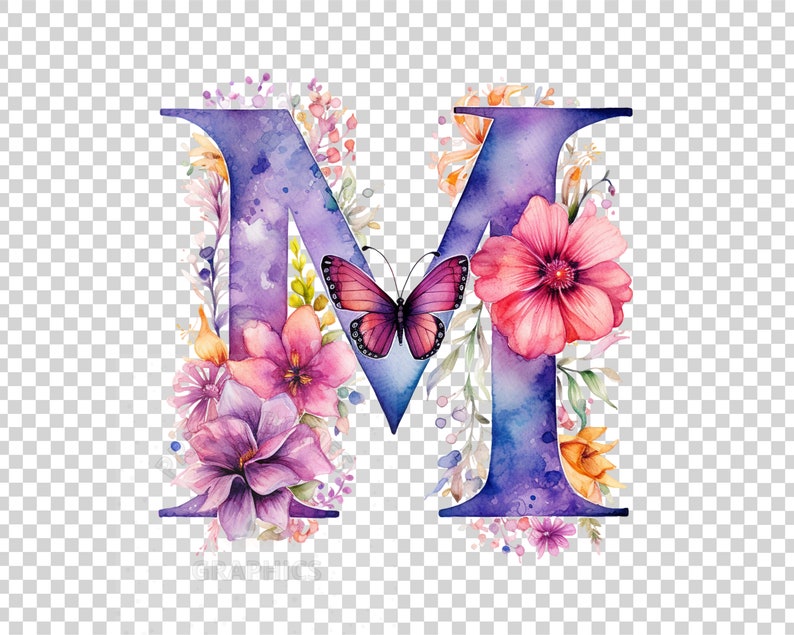 Pu&ograve; includere: Illustrazione ad acquerello della lettera M decorata con fiori viola, rosa e gialli e una farfalla. La lettera &egrave; dipinta in tonalit&agrave; di viola e blu.