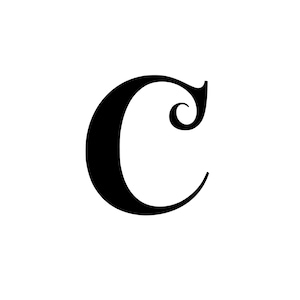Può includere: Una lettera C stilizzata nera con un tocco decorativo.