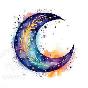 Watercolor Crescent Moon Clipart, PNG Instant Download File, Moon Digital Design For Crafting