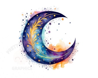 Watercolor Crescent Moon Clipart, PNG Instant Download File, Moon Digital Design For Crafting