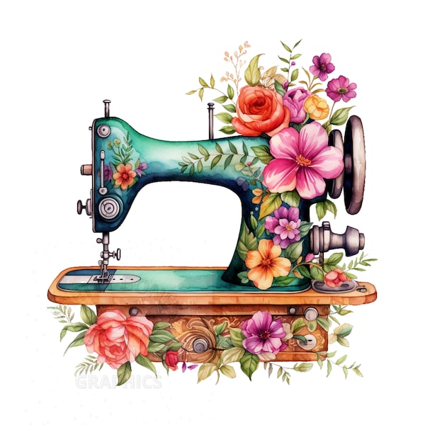 Floral Machine à coudre Clipart, fichier de téléchargement instantané PNG, artisanat en papier numérique, fabrication de cartes, Scrapbook Art