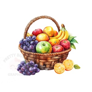 Cesto di frutta Clipart, file PNG con download immediato, design digitale per l'artigianato, arte stampabile