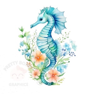 Floral Seahorse Clipart, PNG Instant Download, Seahorse Digital Design, Printable Art