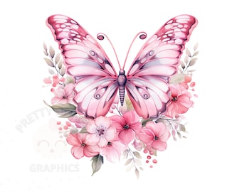 May include: A watercolor painting of a pink butterfly with delicate wings surrounded by pink flowers and green leaves.