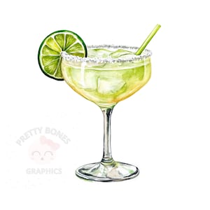 May include: A watercolor illustration of a margarita cocktail in a glass with a salted rim. The drink is garnished with a lime wedge and a green straw.
