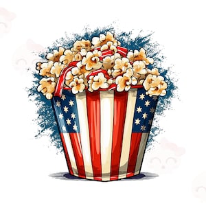 May include: A red, white, and blue striped popcorn bucket with a white background. The bucket is filled with popcorn and has a red, white, and blue ribbon.