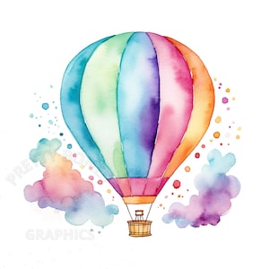 Aquarell Heißluftballon, PNG sofortiger Download Clipart, digitales Design für Basteln, druckbare Kunst