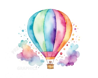 Watercolor Hot Air Balloon, PNG Instant Download Clipart, Digital Design For Crafting, Printable Art