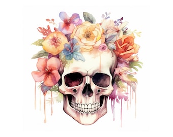Floral Skull Watercolor Clipart, JPG Digital Download, Card Making, Scrapbook Clipart, Digital Paper Craft, Journaling, Printable Art