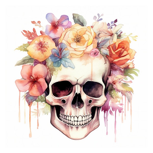 Floral Skull aquarel clipart, JPG digitale download, kaart maken, scrapbook clipart, digitale papier ambachtelijke, journaling, afdrukbare kunst