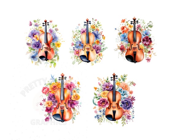 Floral Violin Clipart Bundle, 5 PNG Instant Download Files