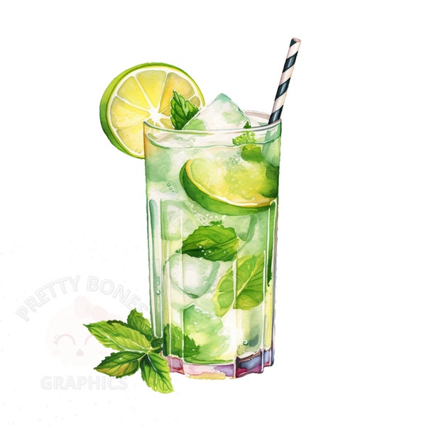 Mojito Cocktail Clipart, PNG Instant Download, Digital Paper Craft, Printable Art