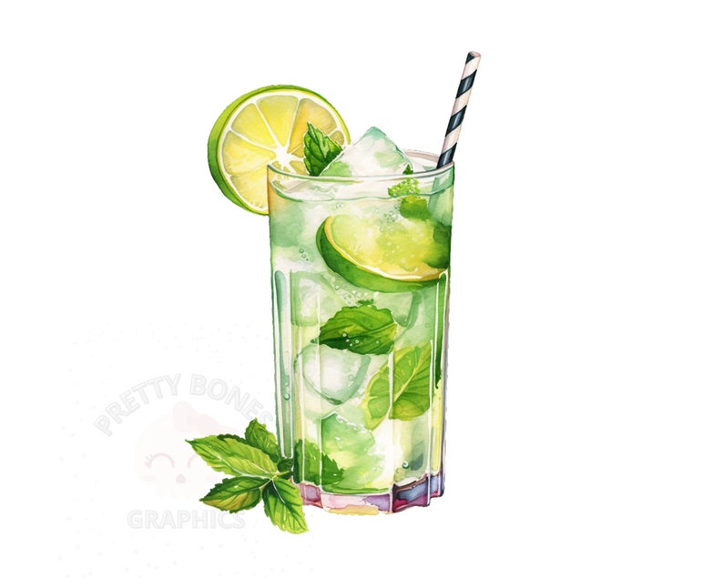 May include: A refreshing green mojito cocktail with lime wedges, mint leaves, and ice in a tall glass with a black and white striped straw.