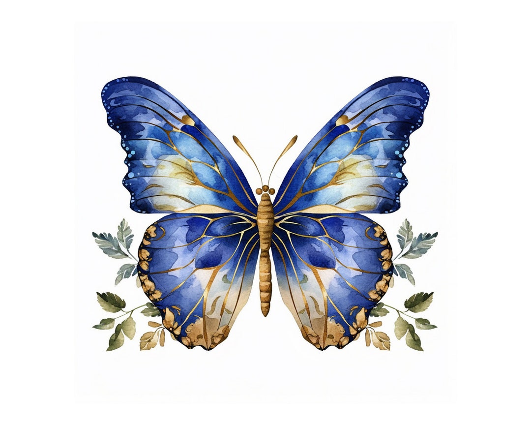Blue and Gold Butterfly Clipart, JPG Instant Download, Digital Design