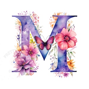 Letra aquarela M com clipart de borboleta, arquivo de download instantâneo PNG, design digital para elaboração