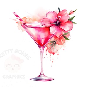 Clipart floreale rosa Martini Cocktail, file di download immediato PNG, design digitale per la lavorazione