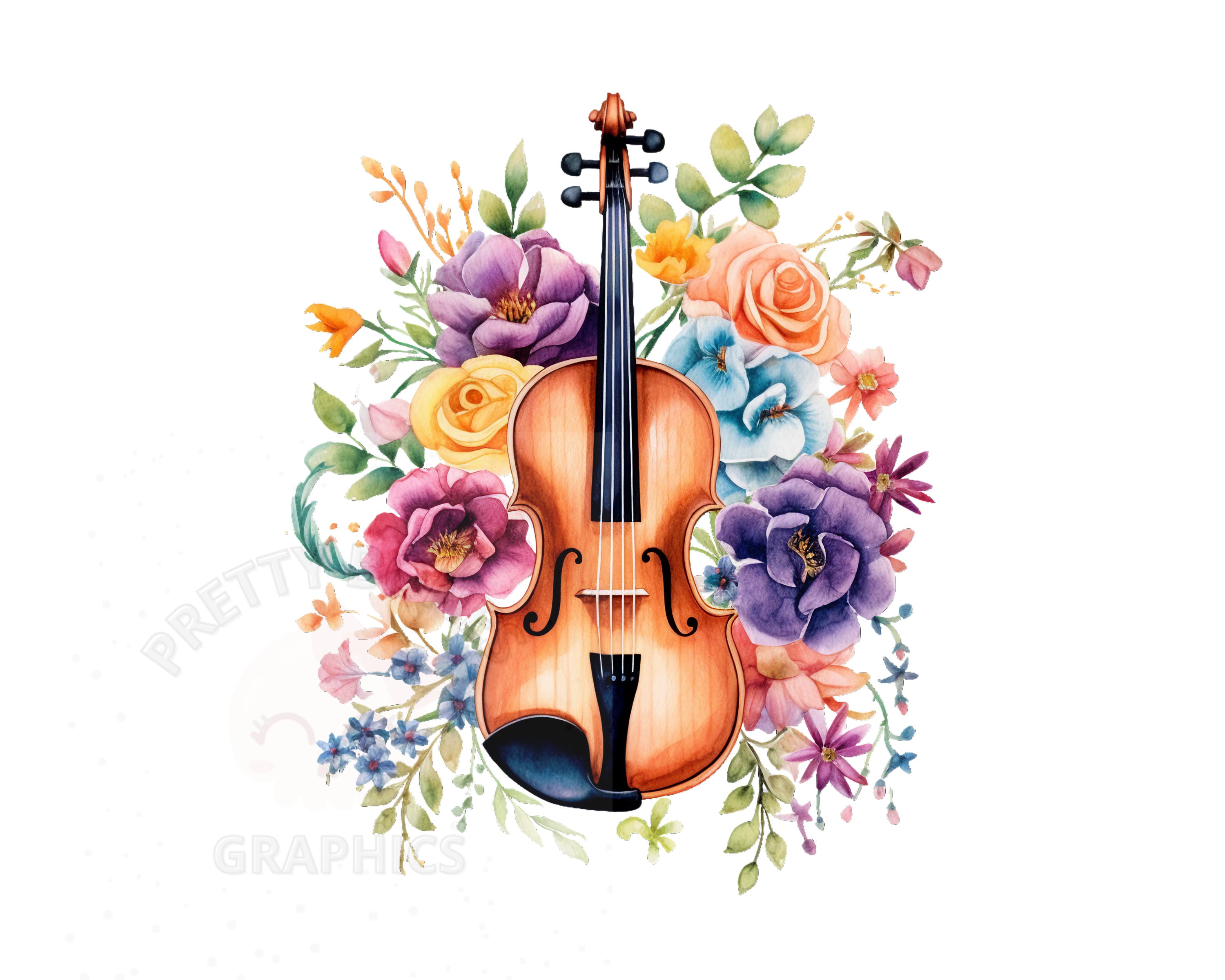 花柄バイオリンのクリップアート、PNG インスタントダウンロード