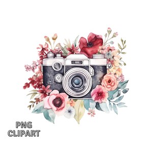 Watercolor Floral Retro Camera, PNG Digital Download, Card Making Clipart, Scrapbook Images, Digital Paper Craft, Printable Art image 2