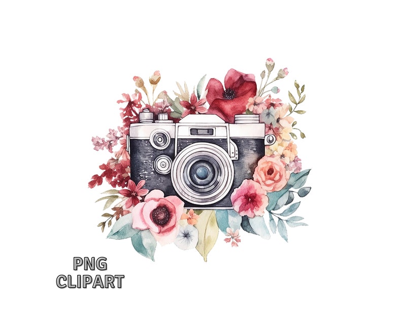 Watercolor Floral Retro Camera, PNG Digital Download, Card Making Clipart, Scrapbook Images, Digital Paper Craft, Printable Art image 2