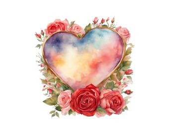 Watercolor Heart With Roses Clipart, PNG Instant Download File, Digital Design For Crafting, Printable Art